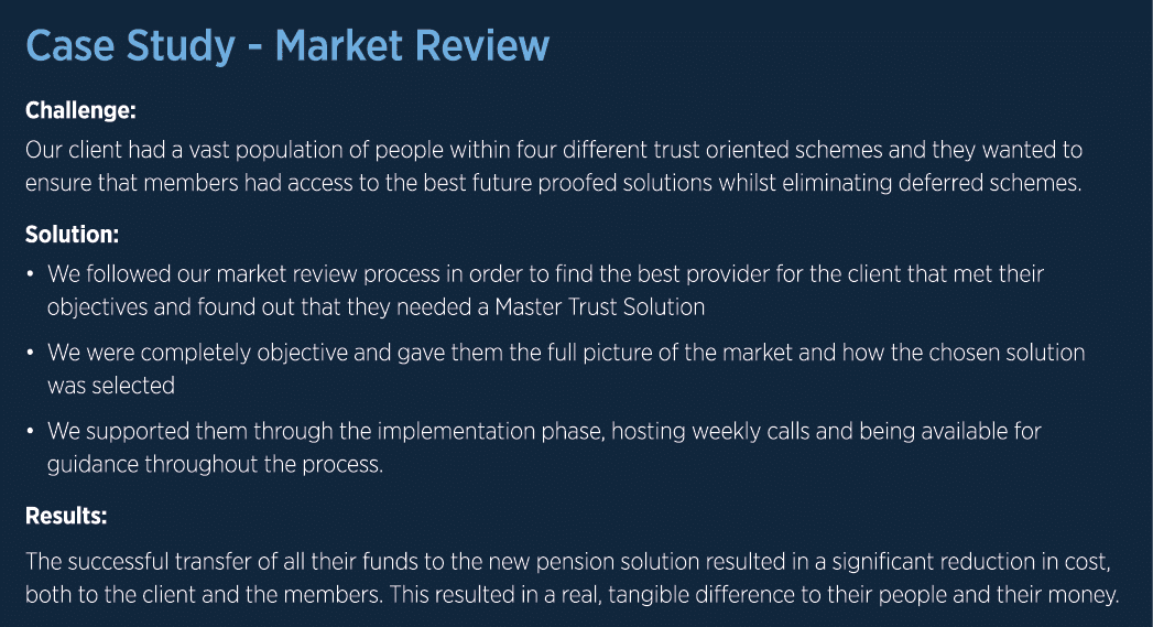 Case Study Market Review Challenge: Our client had a vast population of people within four different trust oriented s...